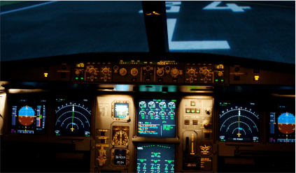 Cockpit view of an airplane with illuminated dashboard lights, showcasing various instruments and controls.